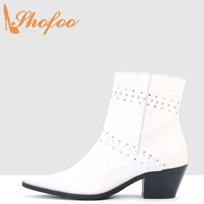 

White Rivet Zipper Woman Ankle Boots High Chunky Heels Pointed Toe Booties Ladies Winter Fashion Large Size 12 15 Shoes Shofoo