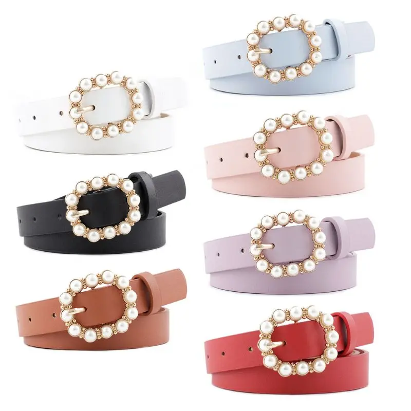 

Women Artificial Pearl Decoration Belt Charm Ladies Round Pin Buckle Waistband