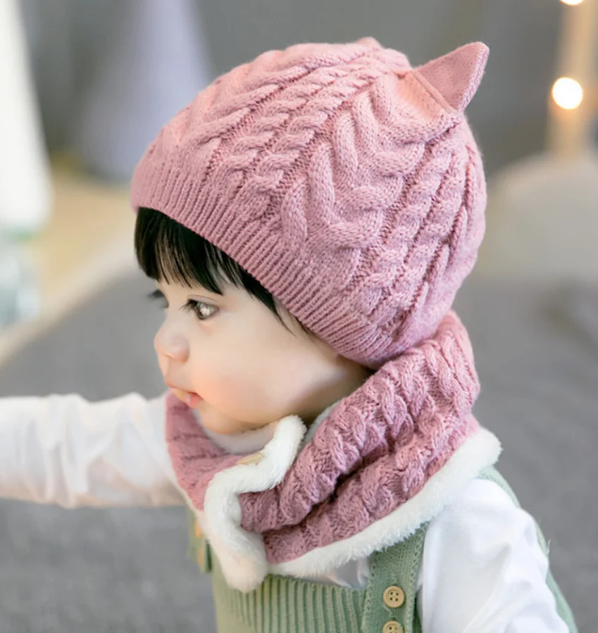 Зимний Теплый детский шарф с кошачьими ушками, хлопковые вязанные шапочки для малышей, милая удобная одежда, аксессуары для детей 1-4 лет