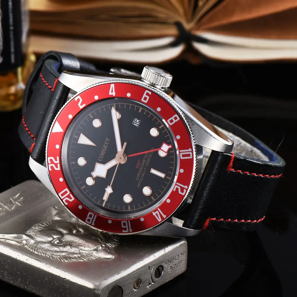 Механические наручные часы Corgeut 41 мм GMT с красным ободком, автоматическое сапфировое стекло 316L SS, водонепроницаемые светящиеся мужские часы с календарем