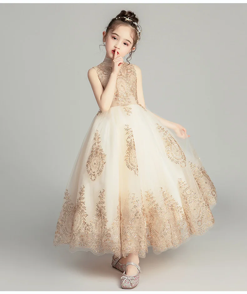 Кружевное свадебное платье с золотыми блестками для девочек; детское праздничное платье для первого причастия; детское платье для крещения; Пышное Платье; Платья с цветочным узором для девочек - Цвет: style 3