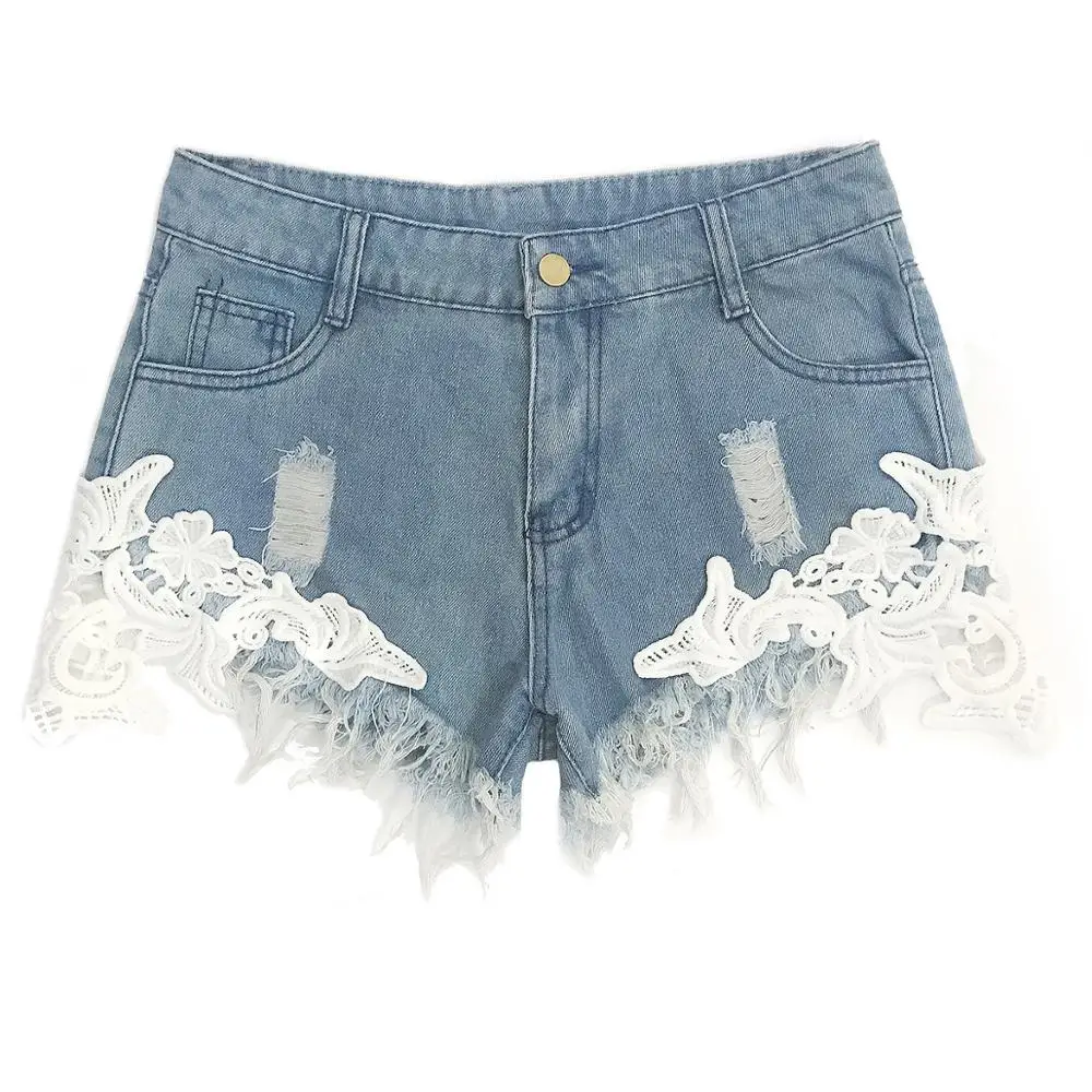 Women Sexy Short Jeans Booty Shorts Patchwork Lace Short Denim High Waist Ripped Hole Tassel Casual Bottom