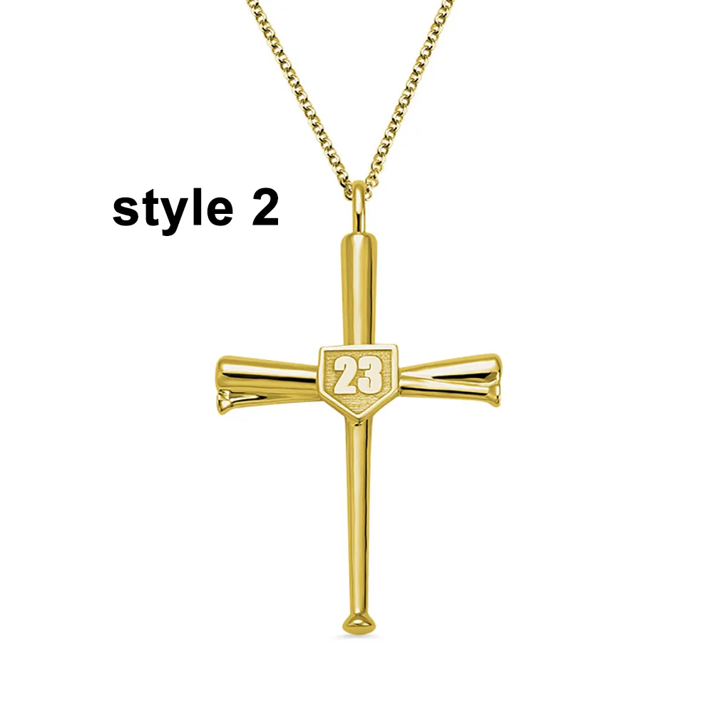 Style 2 in Gold Sweey Прямая поставка Персонализированные Гравированные бейсбольный крест ожерелье с первоначальным номером настроить христианский вера крест ожерелье - Окраска металла: Style 2 in Gold