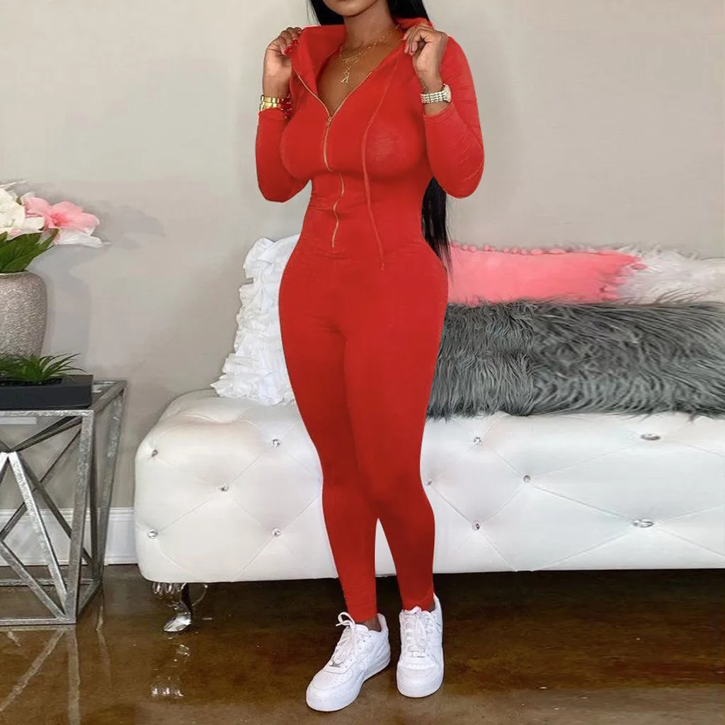 Купить 2 piece set women 2019 Fashion Women's Pure Color Zipper Long Leeves V Collar Leisure Time Jumpsuits conjunto femenino#g4  Спорт и | Trainning  Exercise Sets (4000411677979)