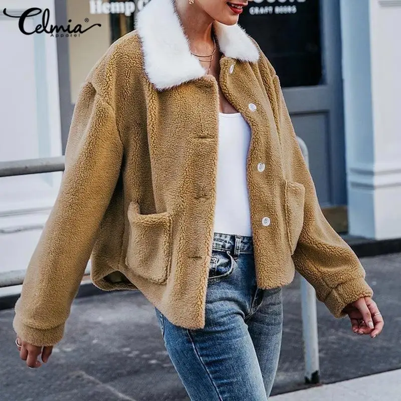 

2020 Winter Warm Women's Teddy Faux Fur Jackets Celmia Fashion Coats Fluffy Thicken Overcoat Female Casual Loose Plush Outerwear