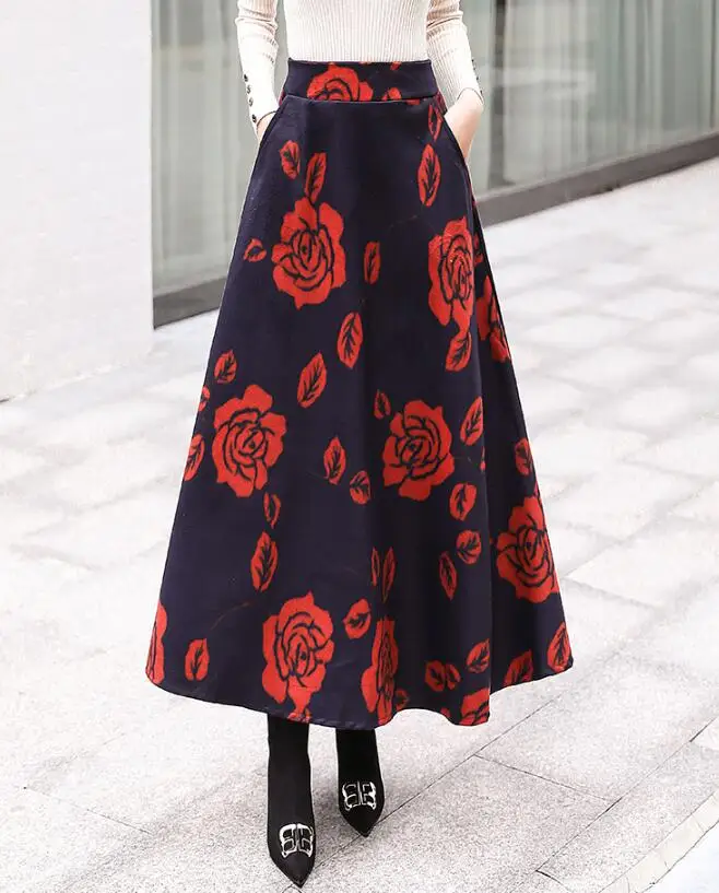 Red Elegant Winter Maxi Skirt Women Streetwear High Waist Long Skirt Big Size Wool Saias Vintage Print Floral Red Ladies Skirts - Color: Red