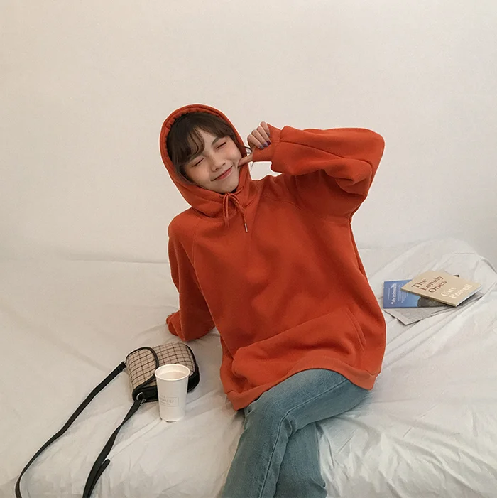 9 цветов, осень и зима, свободный однотонный пуловер с длинным рукавом, плотные толстовки, женские толстовки с капюшоном