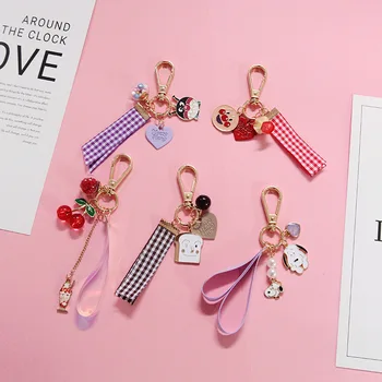 

Creative Crystal Cherry Key chain Cute Cartoon love Ribbon Keychains Women Bag Car Fashion Gift KeyRing Pendant