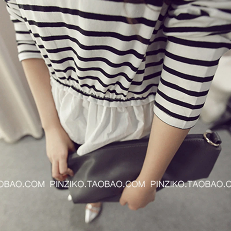 Черно-белая полосатая Лоскутная Туника с оборками корейский стиль Новая женская футболка с длинным рукавом осенние Топы harajuku одежда Vogue