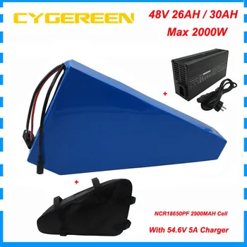 

2000W 48V 26AH triangle ebike battery 48 Volt 30AH Li-ion bateria akku with Free bag NCR18650PF Cell 50A BMS 54.6V 5A Charger