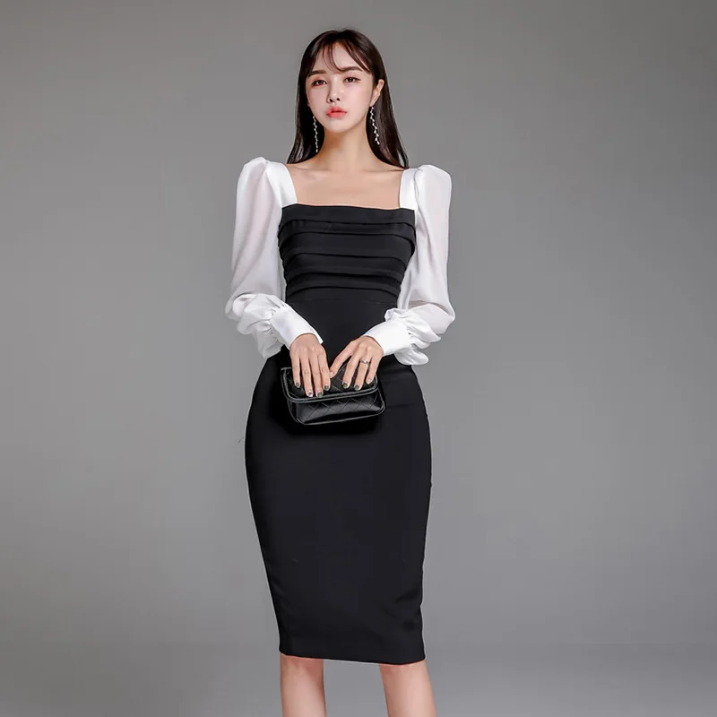 

Korean-style New Style 2020 Spring New Style WOMEN'S Dress Black And White Stitching Chiffon Sleeves Waist Hugging Slimming Shea