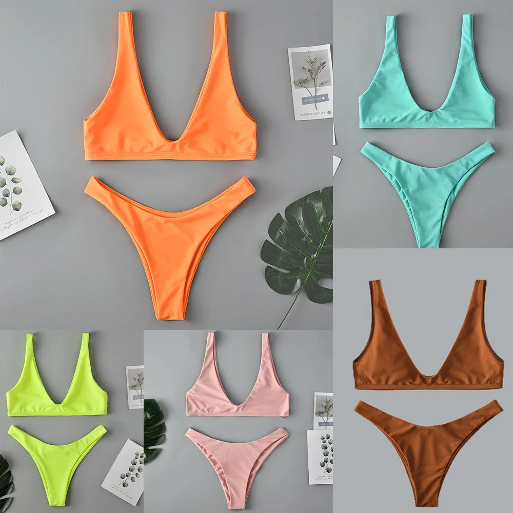 

Bikinis 2019 Mujer Pure Color Bathing Suit Women Push Up Micro Monokini Simplicity Girl Swimsuit Cut Out Top Two Piece Swimsuit