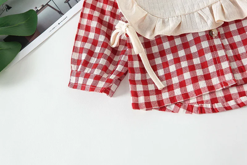 A mu hou/Детская рубашка г., осенняя рубашка на шнуровке с вырезом комплект из двух предметов, милая Клетчатая блуза с длинными рукавами для малышей