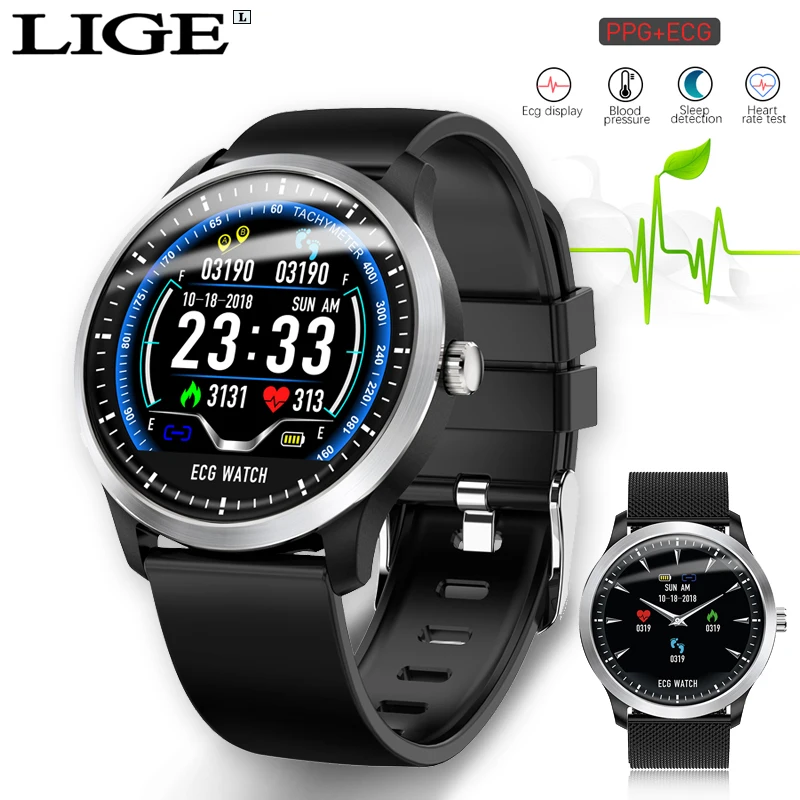 Tanie LIGE ekg PPG smart watch tętna monitor ciśnienia krwi inteligentny zegarek ekg uśpienia monitora smartwatch fitness z nadajnikiem Android IOS