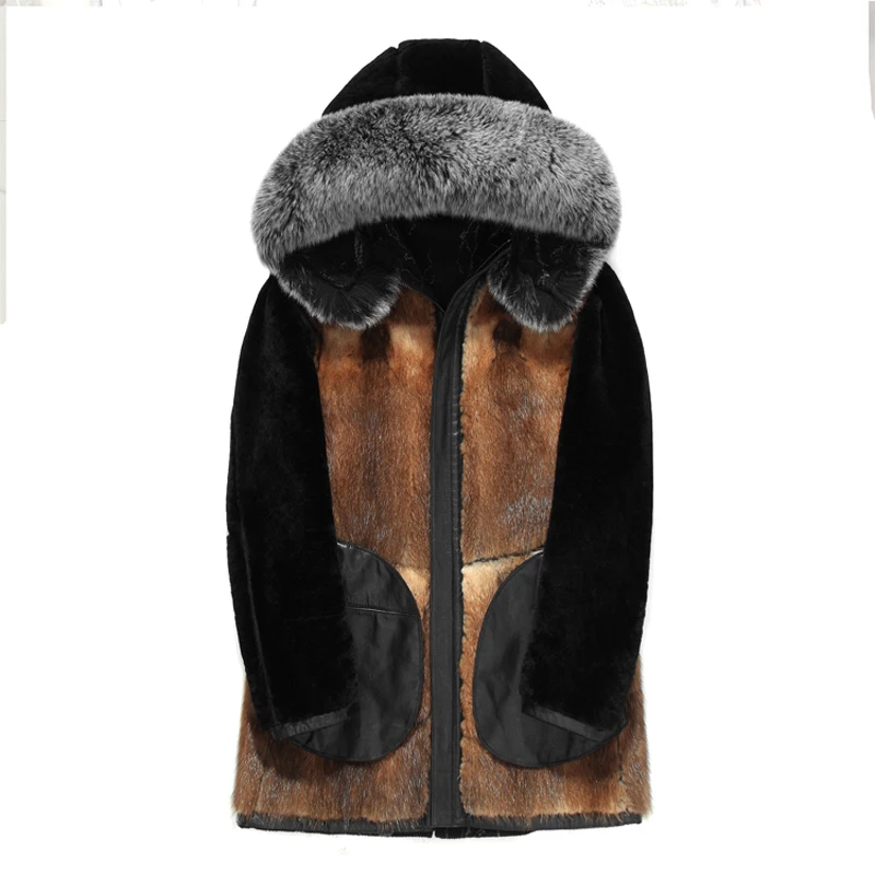 Winter sheepskin Jackets Leather Coat Men's fox Fur HoodedJackets Thicken men winter coat Plus Size 4XL