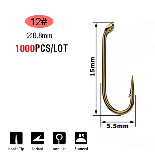 ICERIO 500/1000 шт. Крючок для завязывания мух сухой мокрой Nymph креветки Caddis Pupa стример из углеродистой стали рыболовный крючок Стандартный Крючок-мушка снасти - Цвет: 1000pcs  Size 12