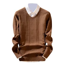 Vintage Plaid Tricot Men Sweater Casual V neck Knitwear Tops Sueter Masculino Autumn Clothes Modish Pull Homme Knitted Pullover