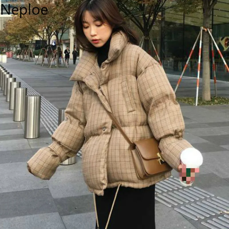 Neploe клетчатое хлопковое пальто для женщин зимнее корейское свободное мягкое