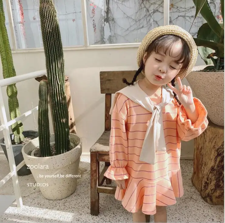 Платье в полоску в Корейском стиле для девочек весенние модные хлопковые платья для девочек 3-8 лет, PP906