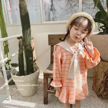 Платье в полоску в Корейском стиле для девочек весенние модные хлопковые платья для девочек 3-8 лет, PP906