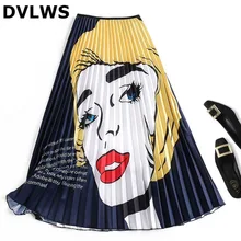 Лето осень красота голова портрет печатных Плиссированные Юбки Плюс Размер эластичная талия трапециевидная атласная юбка розовый желтый цвет