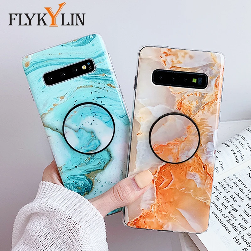 FLYKYLIN подставка для держателя для Samsung Galaxy S8 S9 S10 Plus S10e задняя крышка на розовый мраморный лист Мягкий ТПУ силиконовый чехол для телефона