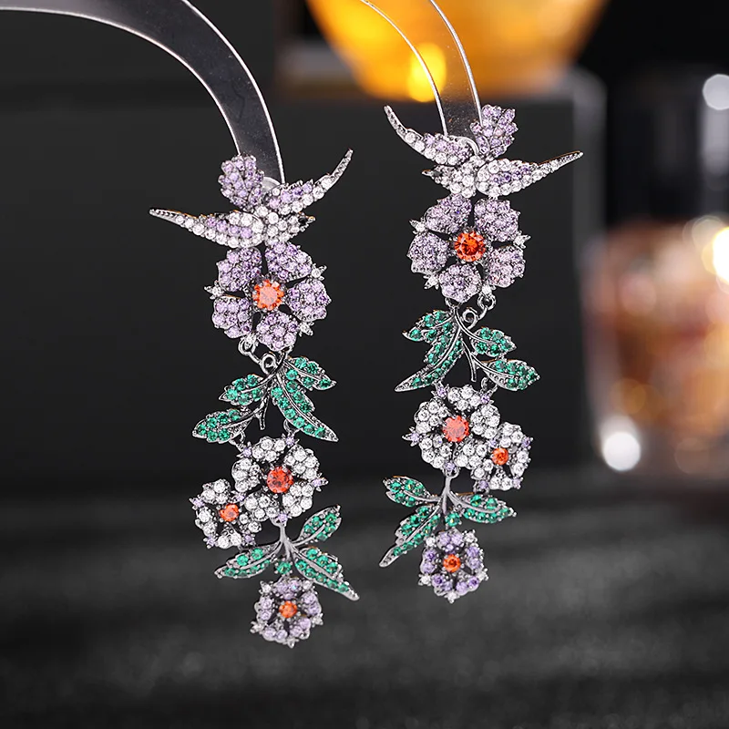 Micro Pave Colorful Cubic Zirconia Flower Dangle Earrings for Women Temperment Long Pendant Earings Fashion Wedding Jewelry