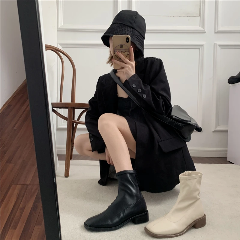 Fashion Women's PU Leather Ankle Boots Square Toe Low Heels Knight Shoes Black Apricot Coffee J72