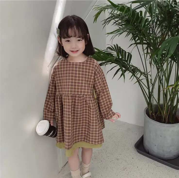 Хлопковое клетчатое платье в Корейском стиле для девочек модные осенние платья с длинными рукавами для девочек 2-7 лет