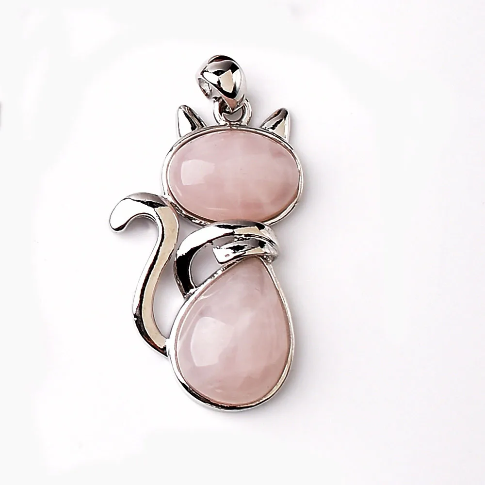 Rose Quartz 1 шт., модный кварцевый кулон в виде кота, розовый кварц, малахитовый тигры, обсидиановый глаз, розовый, красный камень, Агат для женщин, минеральное ювелирное изделие - Цвет: Rose Quartz