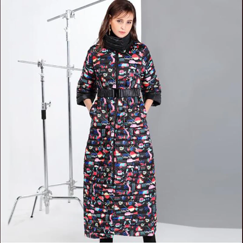 Winter down coat high quality 90% white duck down thick warm cartoon print retro slim front and back can wear women's coat