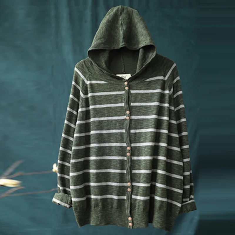 Johnature, корейский Повседневный осенний полосатый кардиган с карманами, женский кардиган с капюшоном, свитер, новинка, длинный рукав, однобортный женский свитер