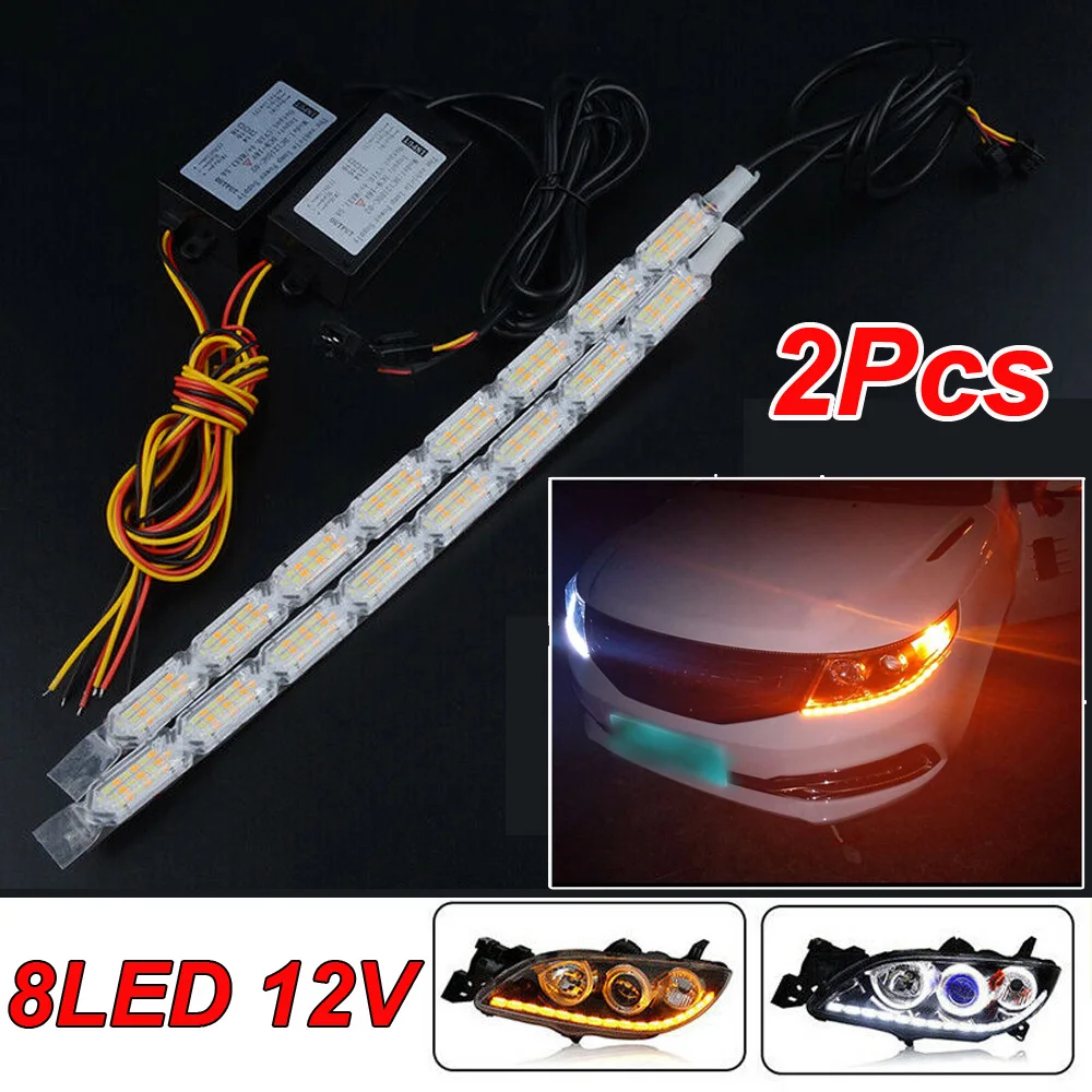 

12V 2pcs Car 8LED Streamer Daytime Running Turn Signal Yellow Flowing Light Lamp 1 set Retractable length free full shape