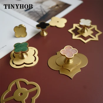 

DIY Brass Knob with Baseplate White/Green Drawer Cupboard Knob and Handle for Furniture Four Leaf Clover shape Cabinet Hardware