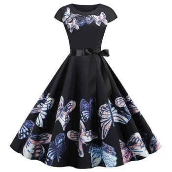 

Vintage A Line Summer Dress Women 2020 Short Sleeve Knee Length Butterfly Floral Print Dress Women Elegant Midi Dress Robe