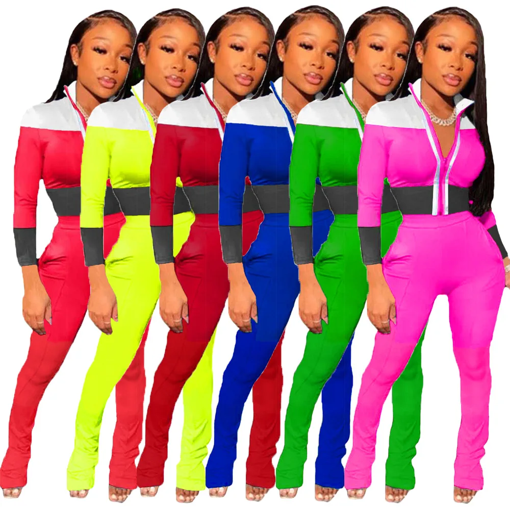 

Street Patchwork Sweatsuit Women's Set Zipper Crop Top Flare Pants Set Active Tracksuit Two Piece Fitness Outfit Set