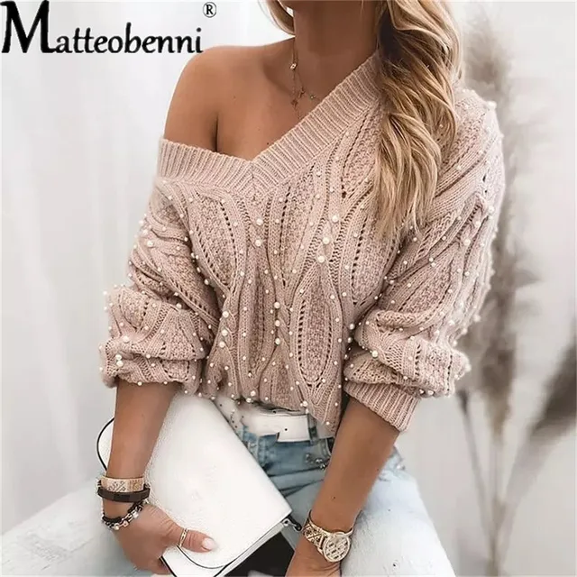 Autumn Winter 2021 Pearl Casual Loose Sweater Women Knitted Jumper Pullovers Fashion Long Sleeve V Neck Pull Femme Oversized Apricot