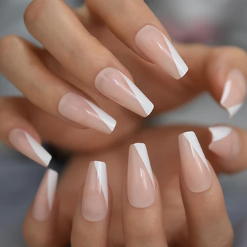 

Glossy Super Long Nude Pink White French Smile Line Tips Shiny Ballerina Fake Art Nails Coffin Salon False Nails