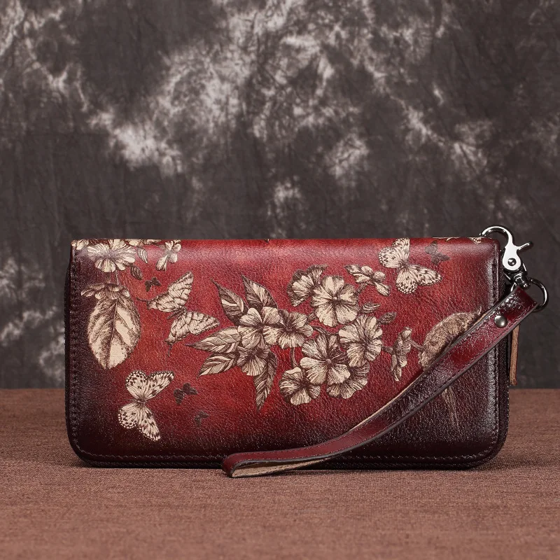 

Multi-Cards Genuine Leather Women Long Wallets Floral Printing Money Clips Wrist Bags Retro Female Purse Clutch Handy Zipper Bag