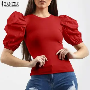 

Women's Summer Blouse 2020 ZANZEA Stylish Puff Sleeve Top Casual Patchwork Blusas Female O Neck Solid Shirts Oversized Tunic 5XL