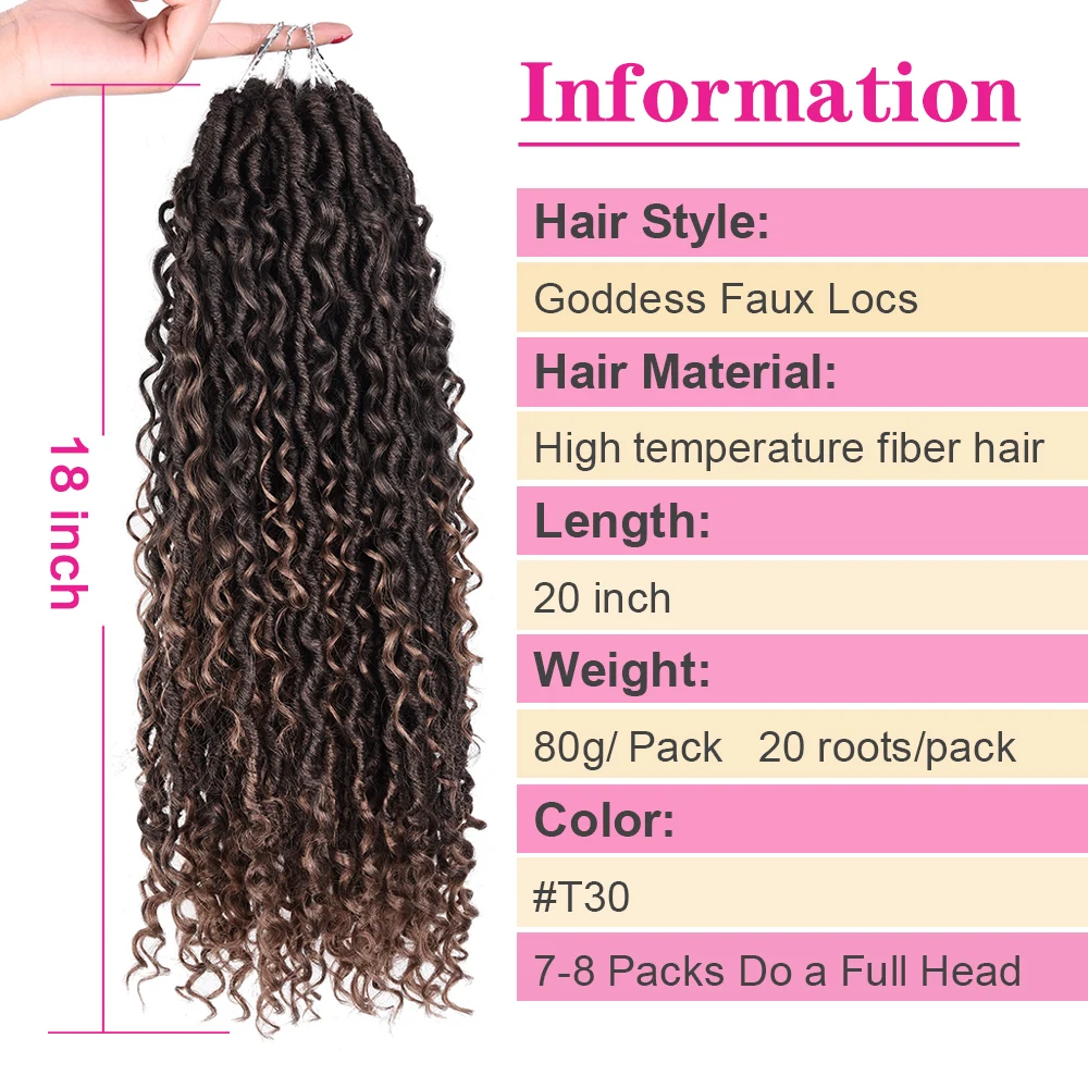 DinDong Synthetic Goddess Locs Crochet Hair 20/Stands 20inch Curly Braiding Hair Faux Locs Braids Pre Looped Braid Bulk