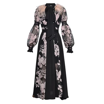 

New 2020 Spring Women's Lantern sleeve Bow collar Feather See through Mesh Floral Embroidery Long Party Dress Runway Dress