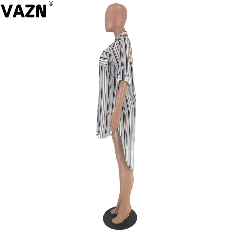 VAZN SM9052 Топ консервативный Классический Полосатый природа Повседневная мода Половина рукава жоржет прямые женские Асимметричные миди платье