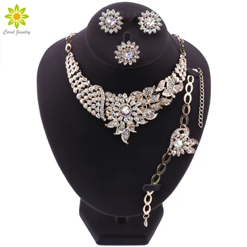 

Fashion Bridal Jewelry Set for Brides Crystal Gold Color Necklace Earrings Set Wedding Party Costume Accessories Gifts for Women