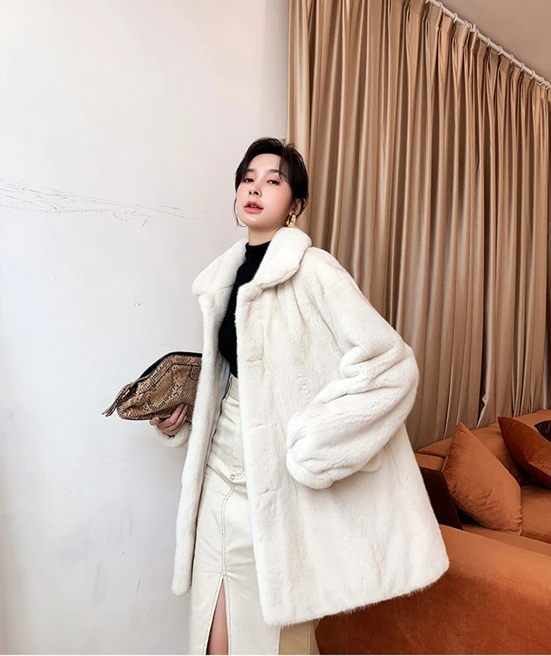 Ftangaiur2019 Winter Import Purple standard Velvet Mink Fur Coat Beige With Pockets Mink Coat Women's Medium Real Mink Fur Coats