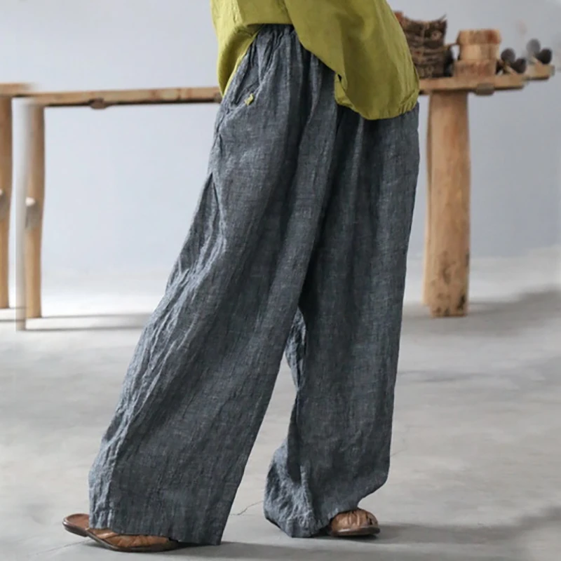 Women Linen Vintage Elastic Waist Pants 