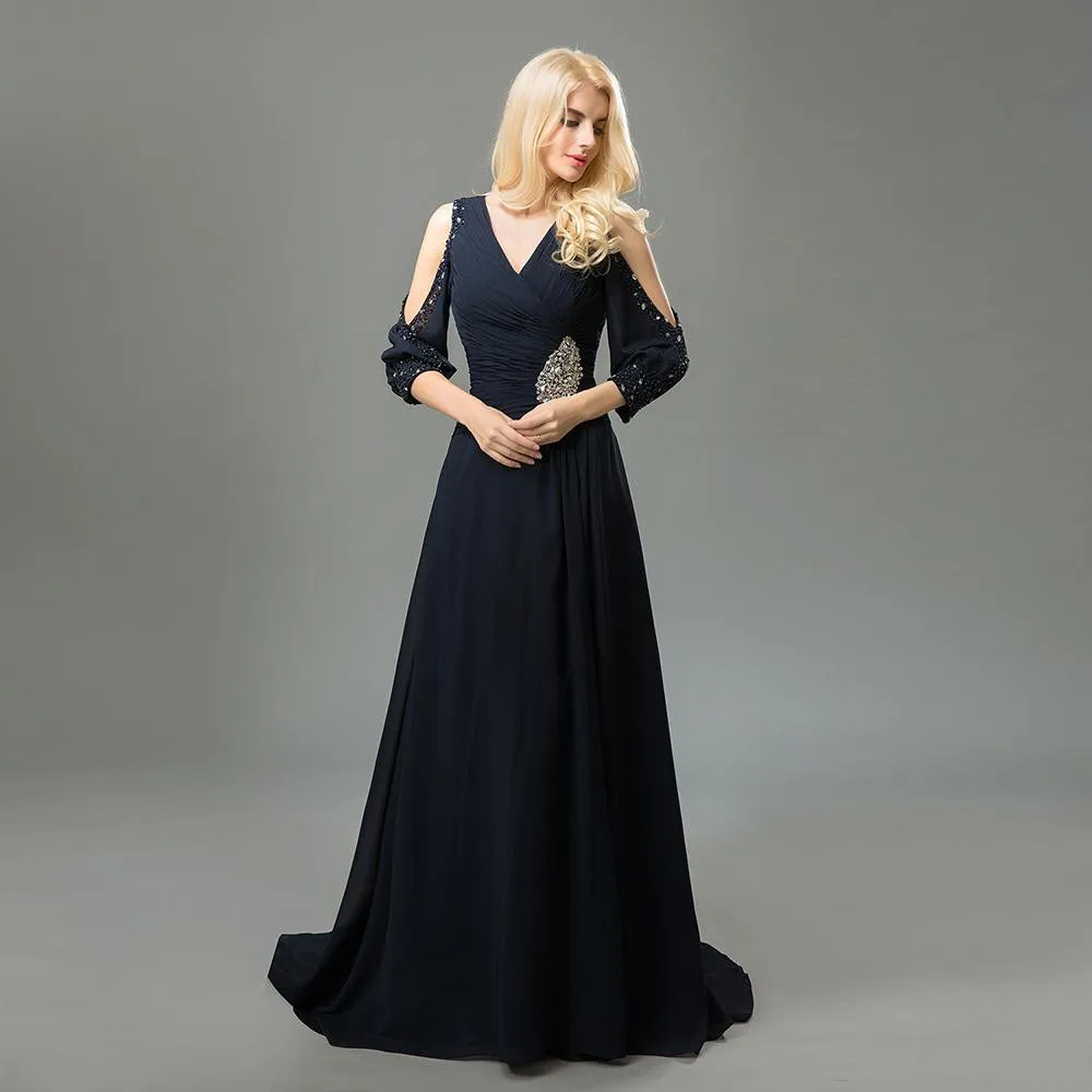 Evening Dresses Beads Deep V-Neck Empire Three Quarter Sleeves Elegant Floor-Length Pleat A-Line Simple Women Formal Gown G686 | Свадьбы и