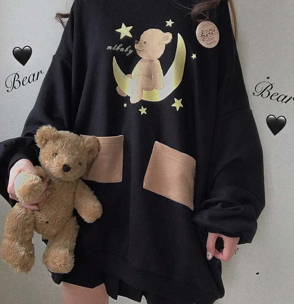 2020 Harajuku Lolita Bear Baby Graphic Sweatshirt Women Kawaii Clothes Spring Oversized Loose Thick Hoodies Long Tops Schoolgirl