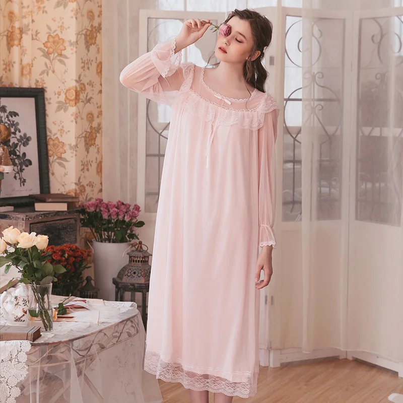 pink Сексуальные марлевые женские ночные рубашки, кружевные длинные пижамы с круглым вырезом и открытой спиной, винтажное платье принцессы, ночные рубашки, домашняя одежда - Цвет: pink