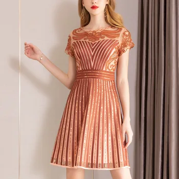 

Round Neck Mesh Heavy Industry Embroidery Dress 2020 Summer Female Sequins Waist Temperament Skirt
